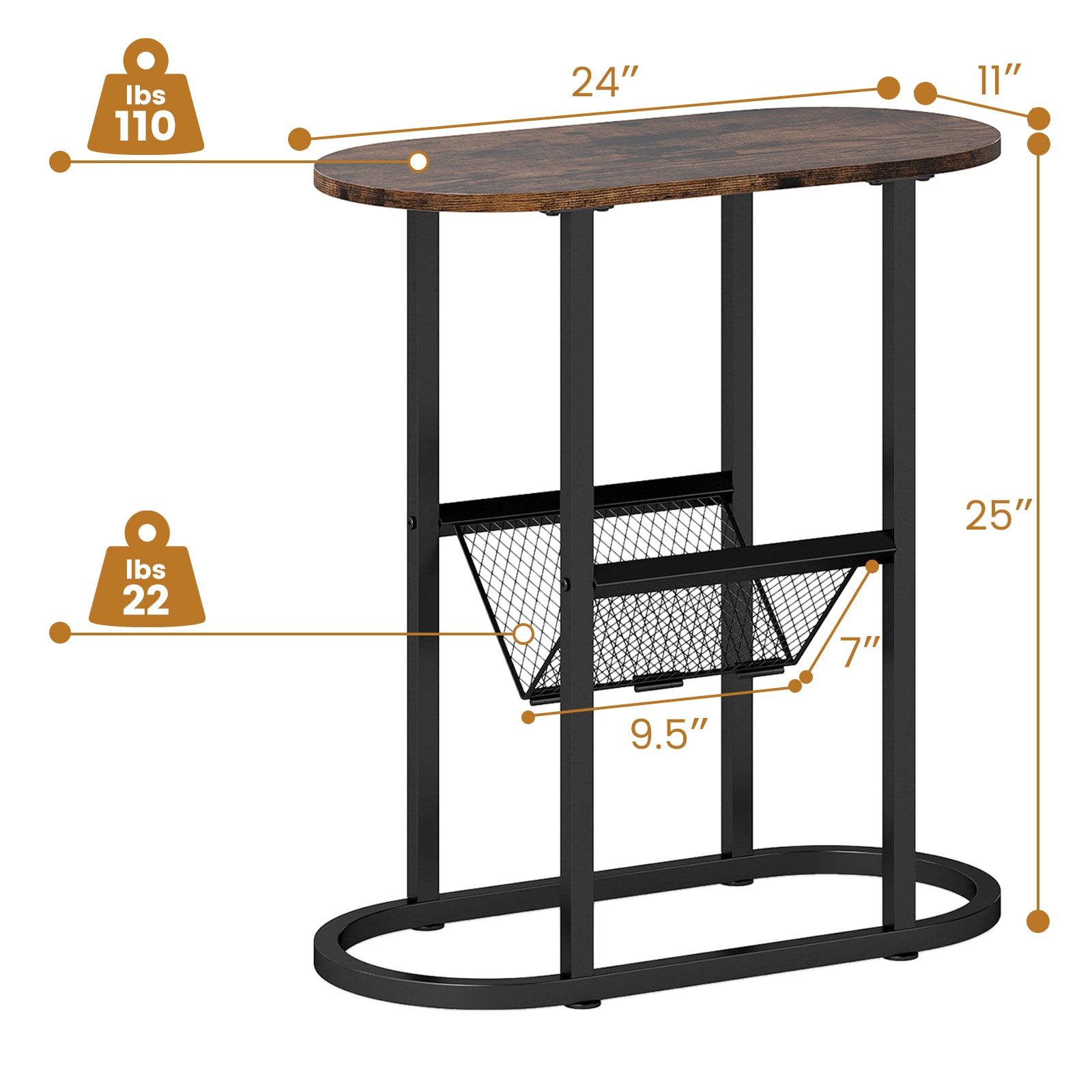 2-tier Oval Narrow Bedside End Table-Rustic Brown