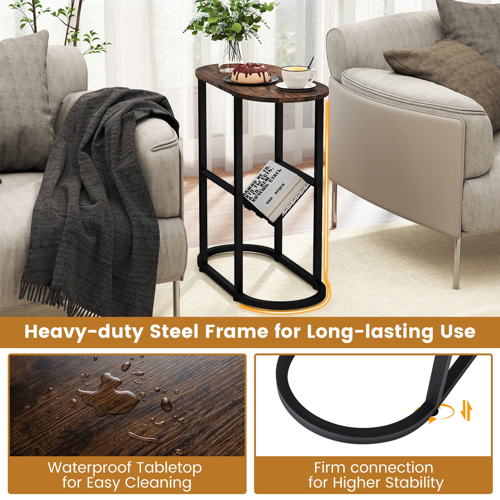 2-tier Oval Narrow Bedside End Table-Rustic Brown