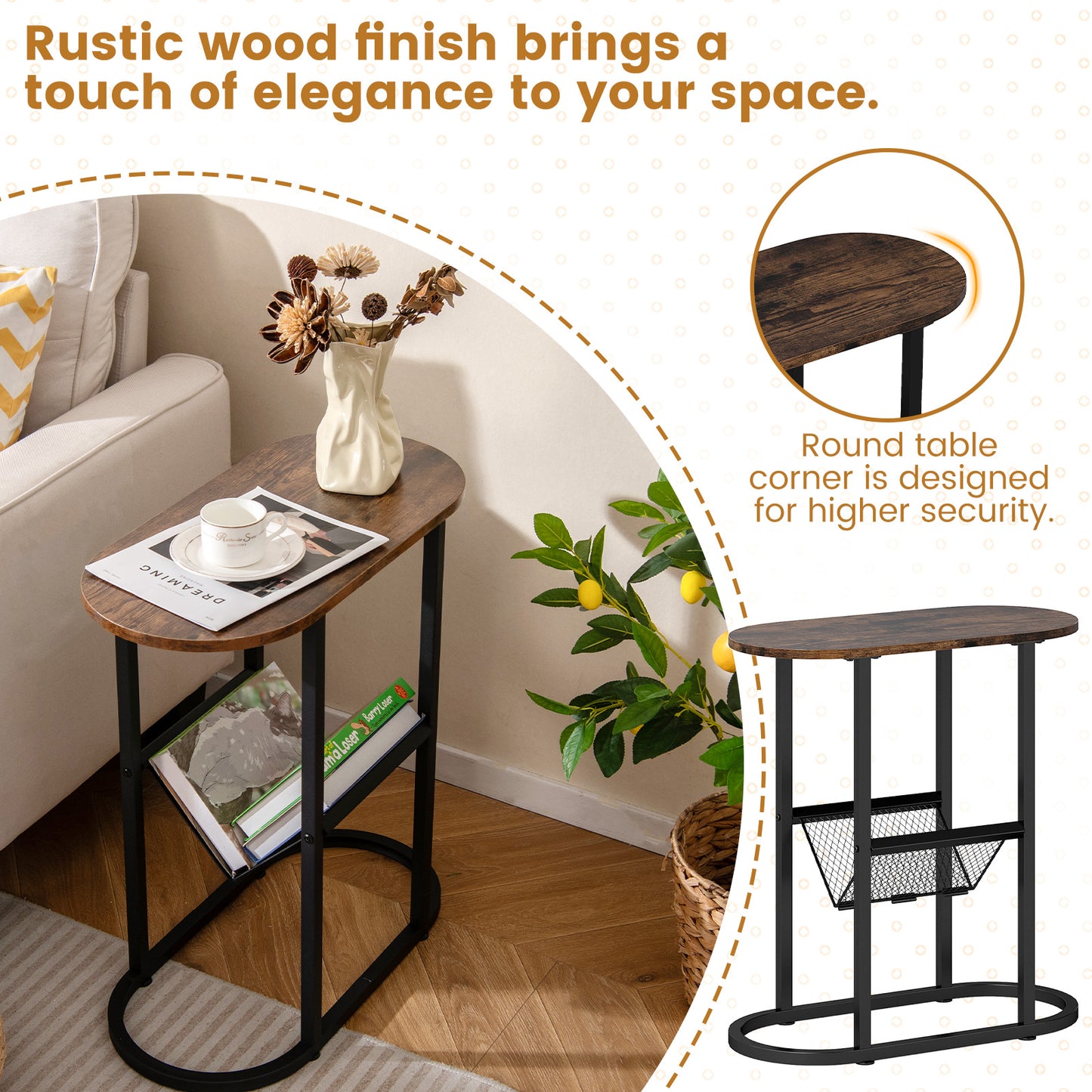 2-tier Oval Narrow Bedside End Table-Rustic Brown