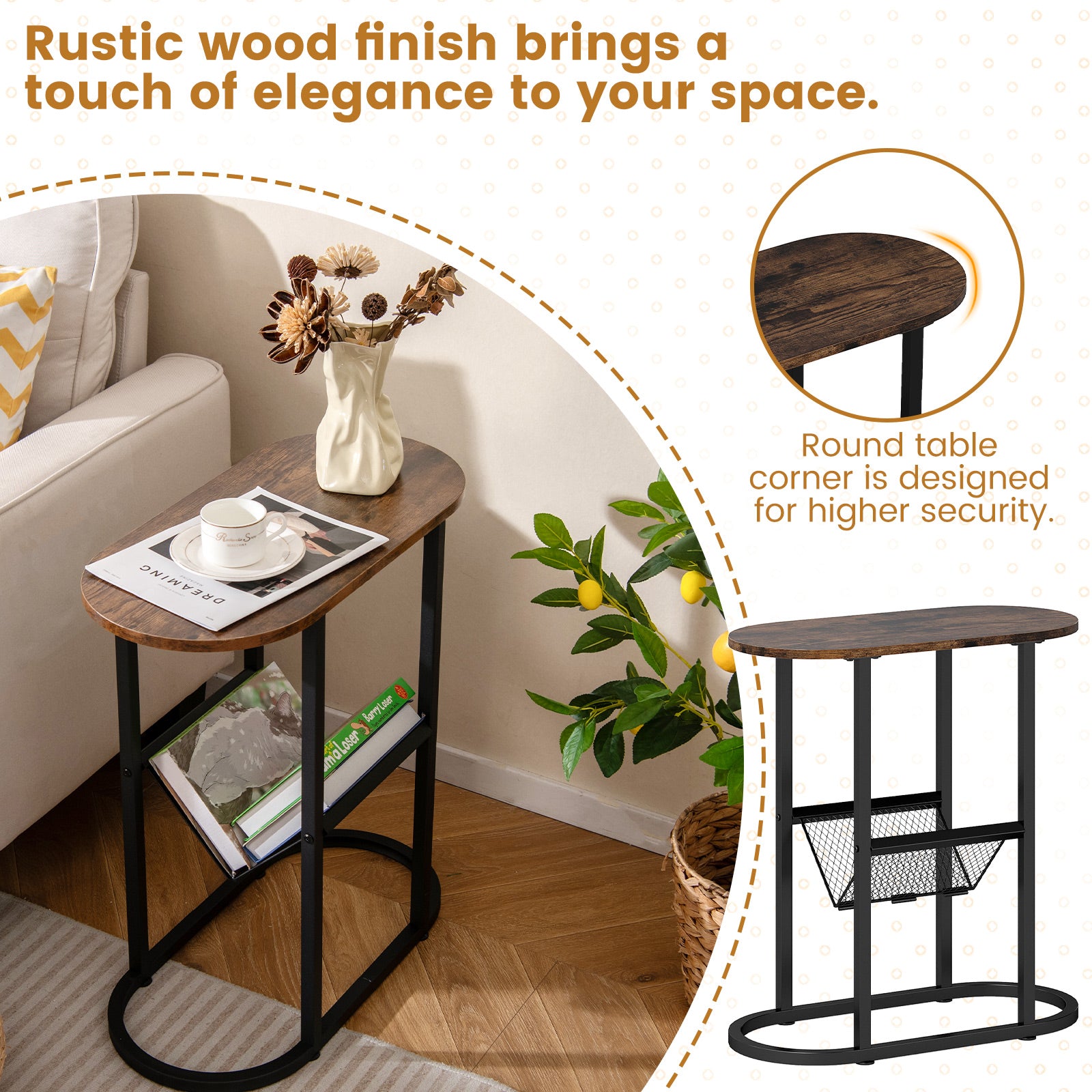 2-tier Oval Narrow Bedside End Table-Rustic Brown