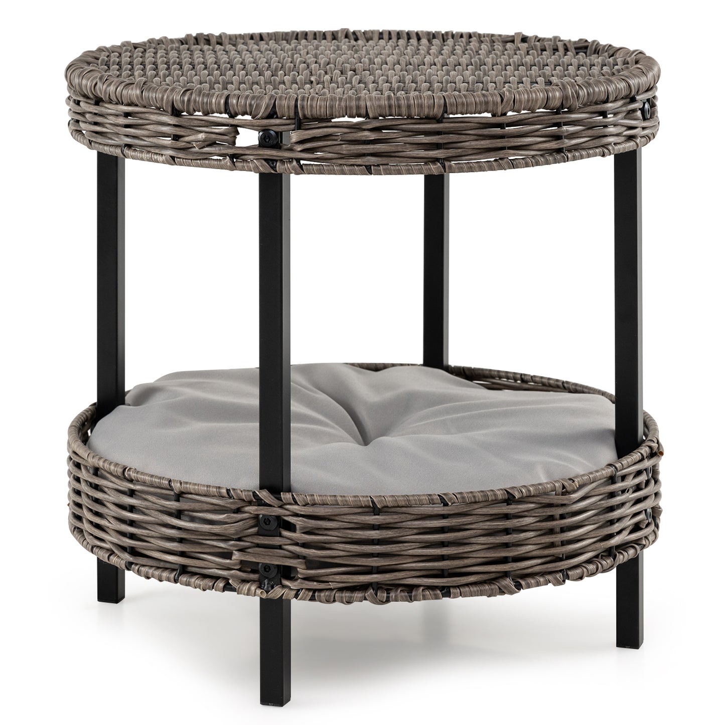 2-tier Rattan Cat Nest with Removable Padded Cushion-Gray
