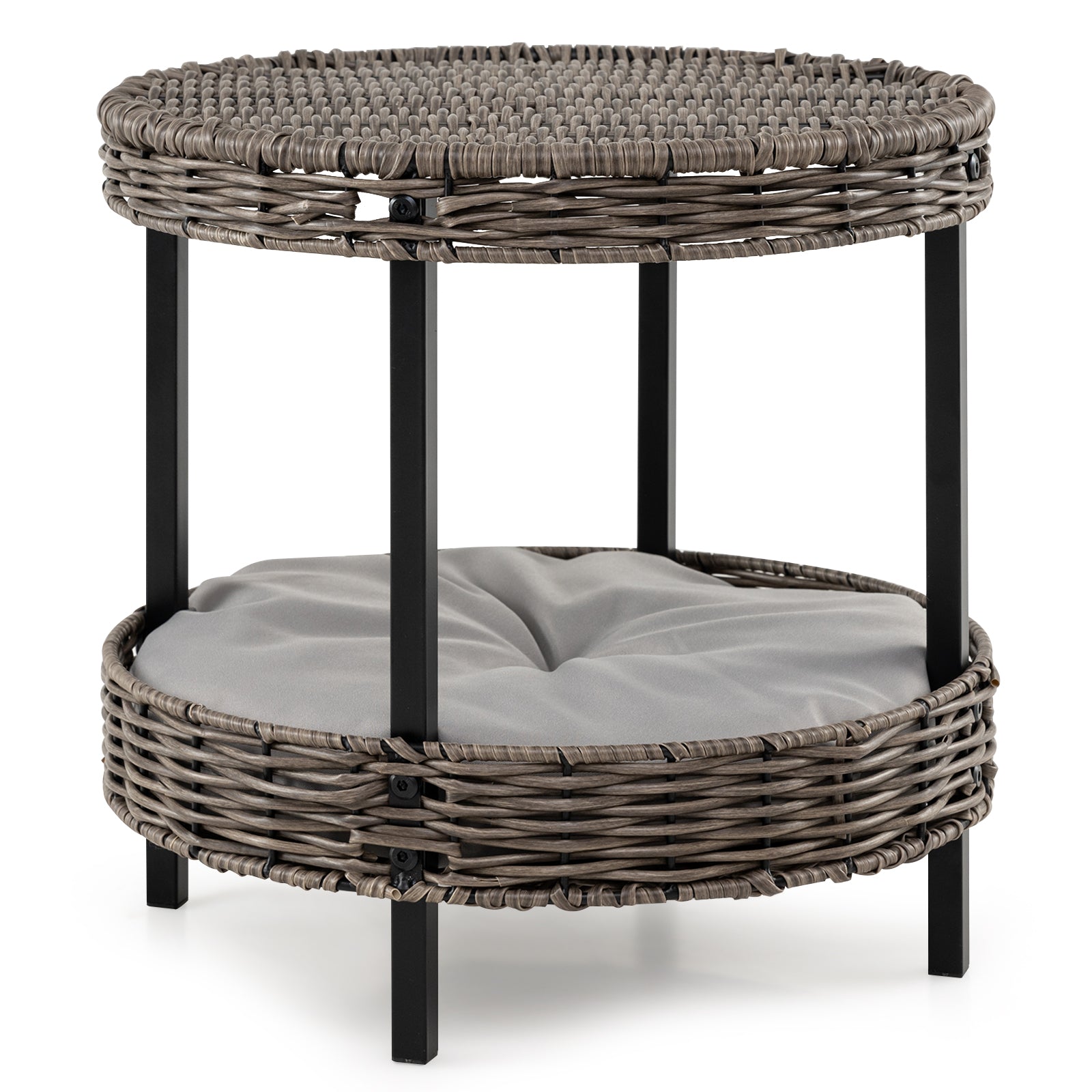 2-tier Rattan Cat Nest with Removable Padded Cushion-Gray