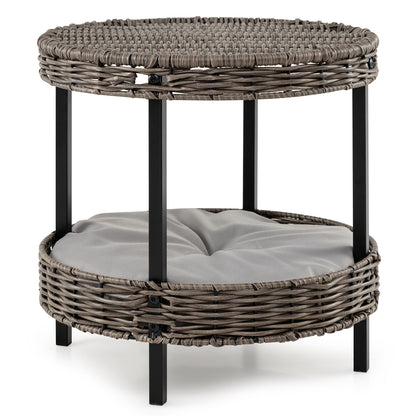 2-tier Rattan Cat Nest with Removable Padded Cushion-Gray