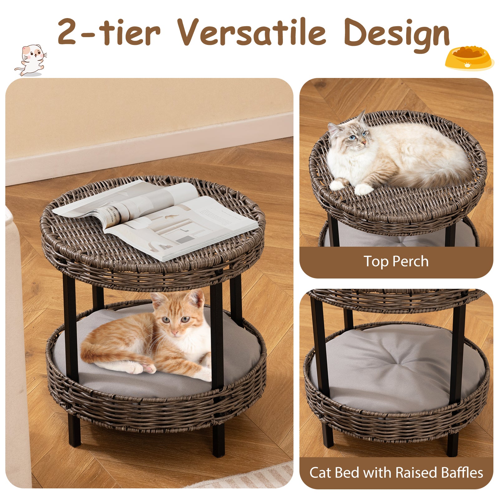 2-tier Rattan Cat Nest with Removable Padded Cushion-Gray