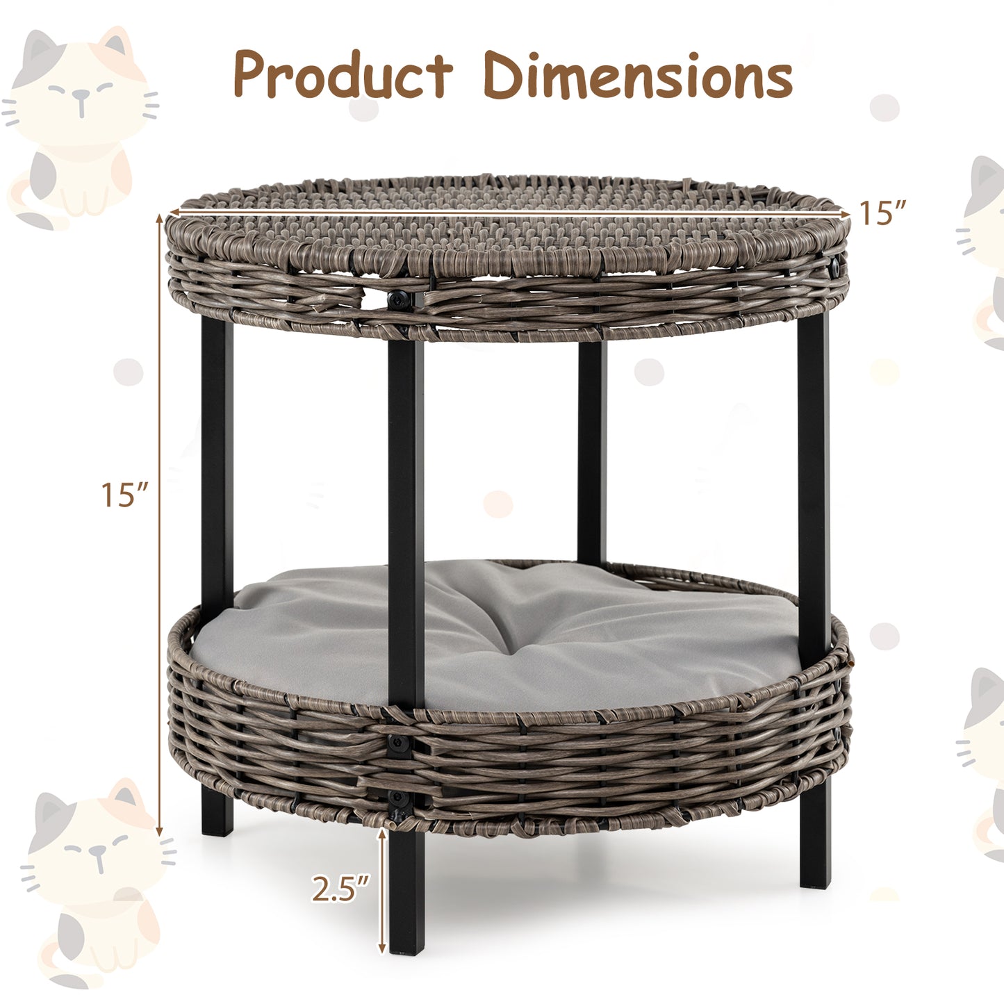 2-tier Rattan Cat Nest with Removable Padded Cushion-Gray