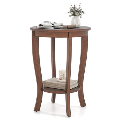 2-tier Round End Table with Solid Wood Legs-Brown - Brown