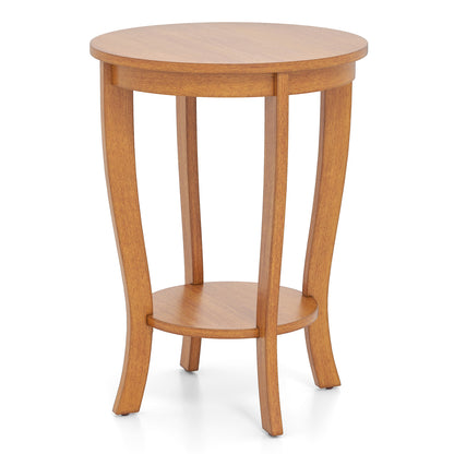 2-tier Round End Table with Solid Wood Legs-Brown - Natural