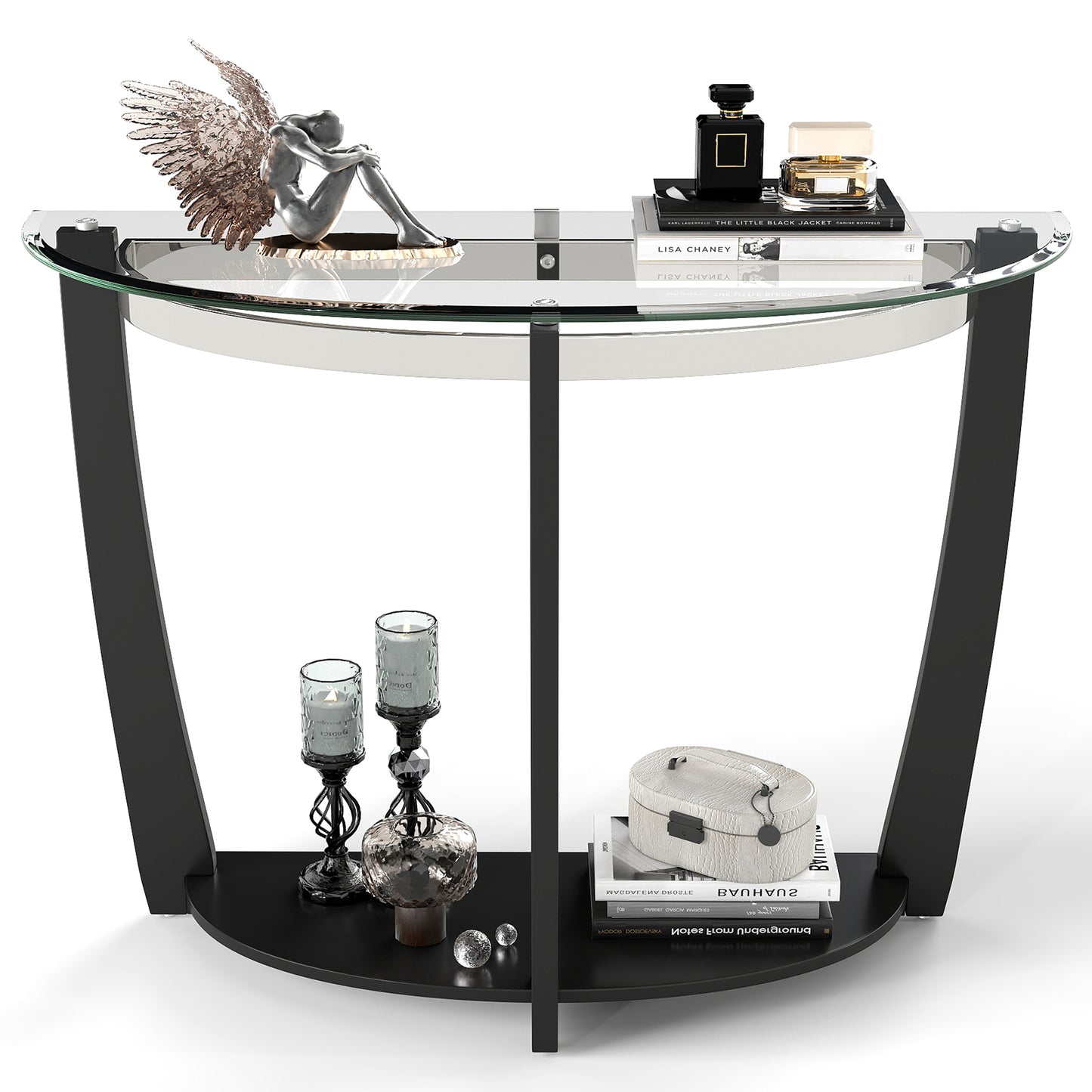 2-tier Tempered Glass Console Table with Clear Glass Top and Open Shelf-Black