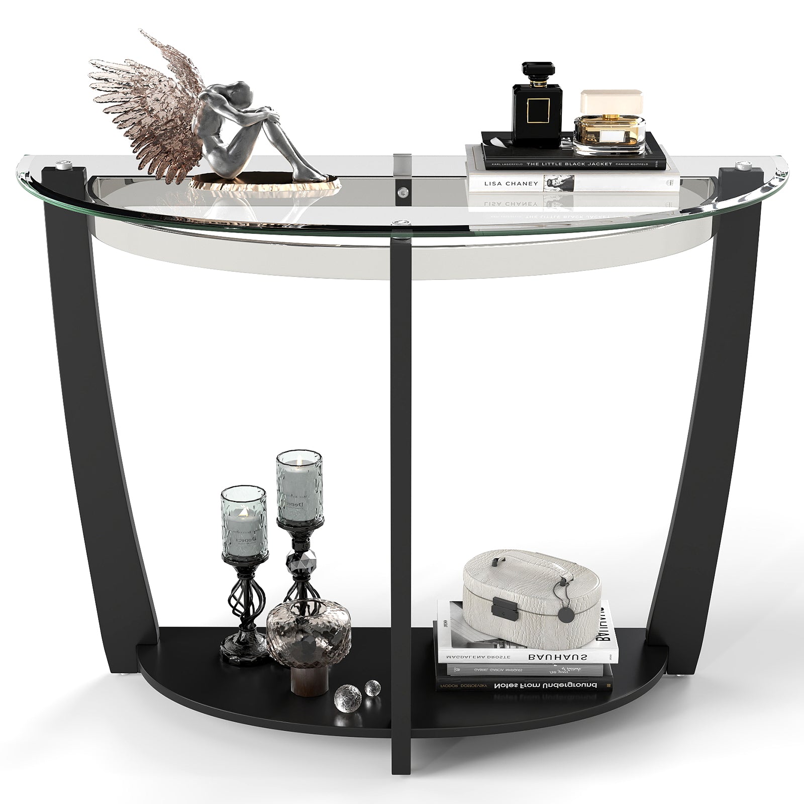 2-tier Tempered Glass Console Table with Clear Glass Top and Open Shelf-Black