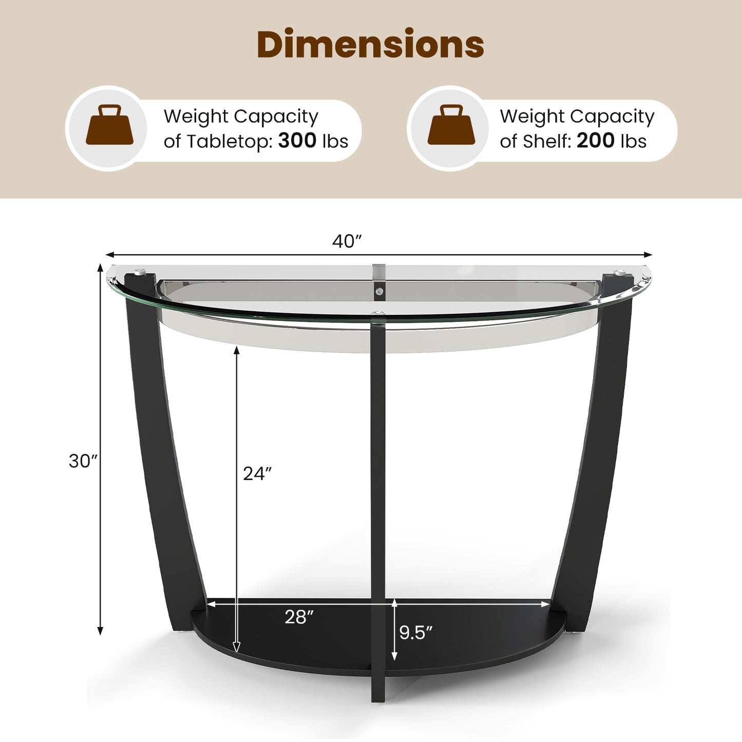 2-tier Tempered Glass Console Table with Clear Glass Top and Open Shelf-Black