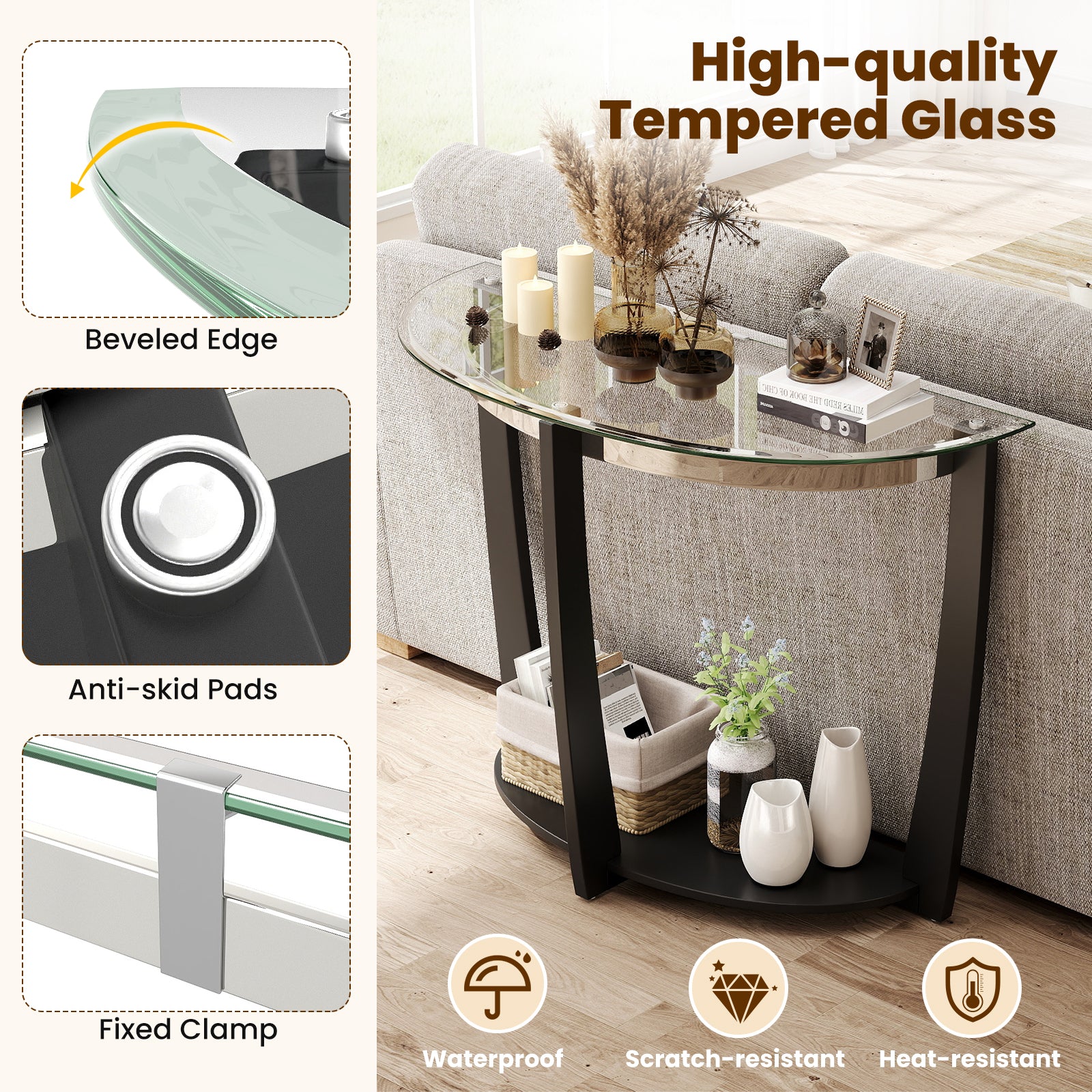 2-tier Tempered Glass Console Table with Clear Glass Top and Open Shelf-Black