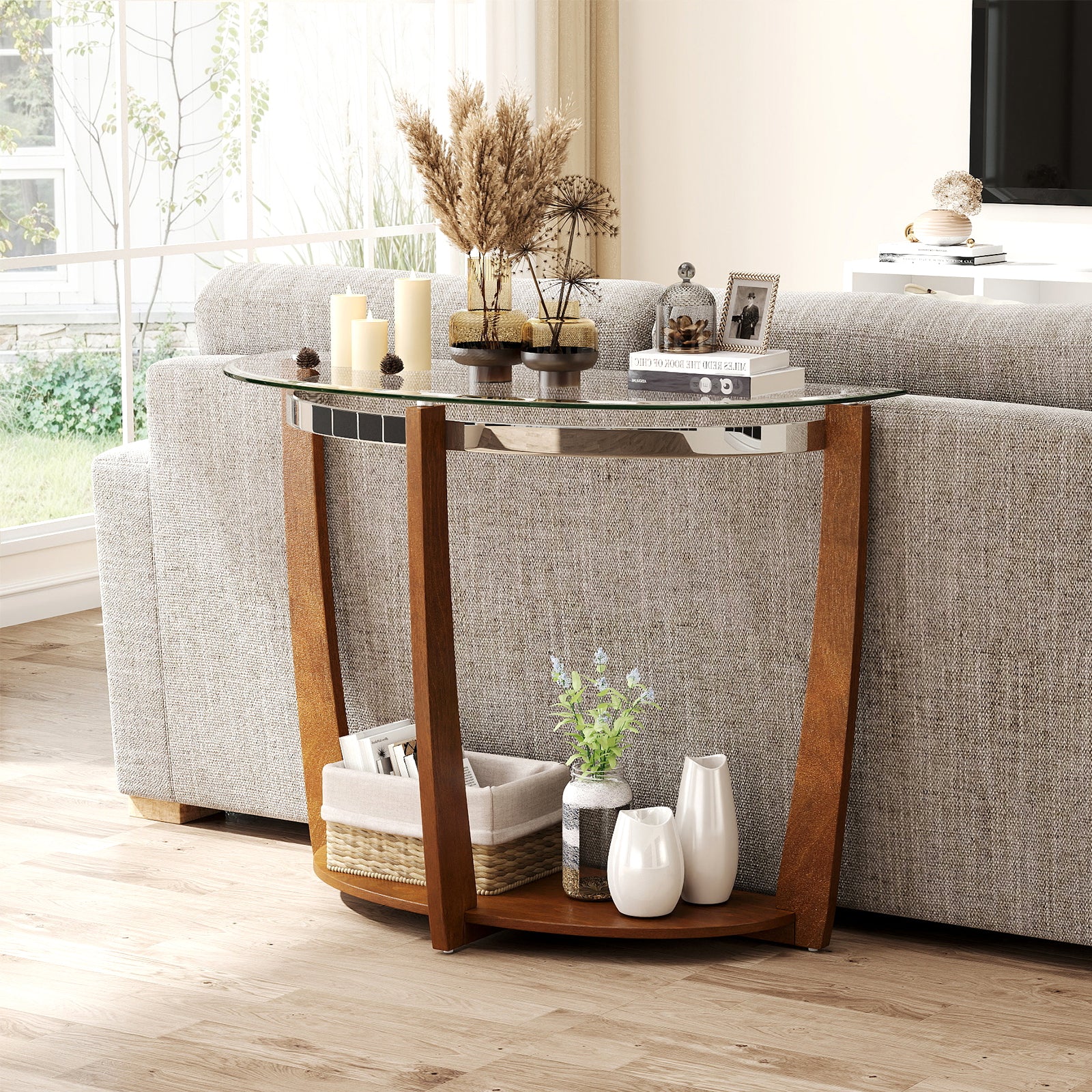 2-tier Tempered Glass Console Table with Clear Glass Top and Open Shelf-Walnut
