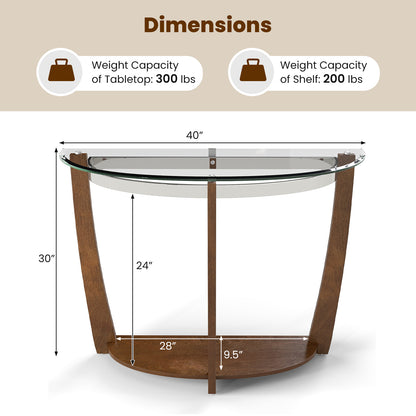 2-tier Tempered Glass Console Table with Clear Glass Top and Open Shelf-Walnut