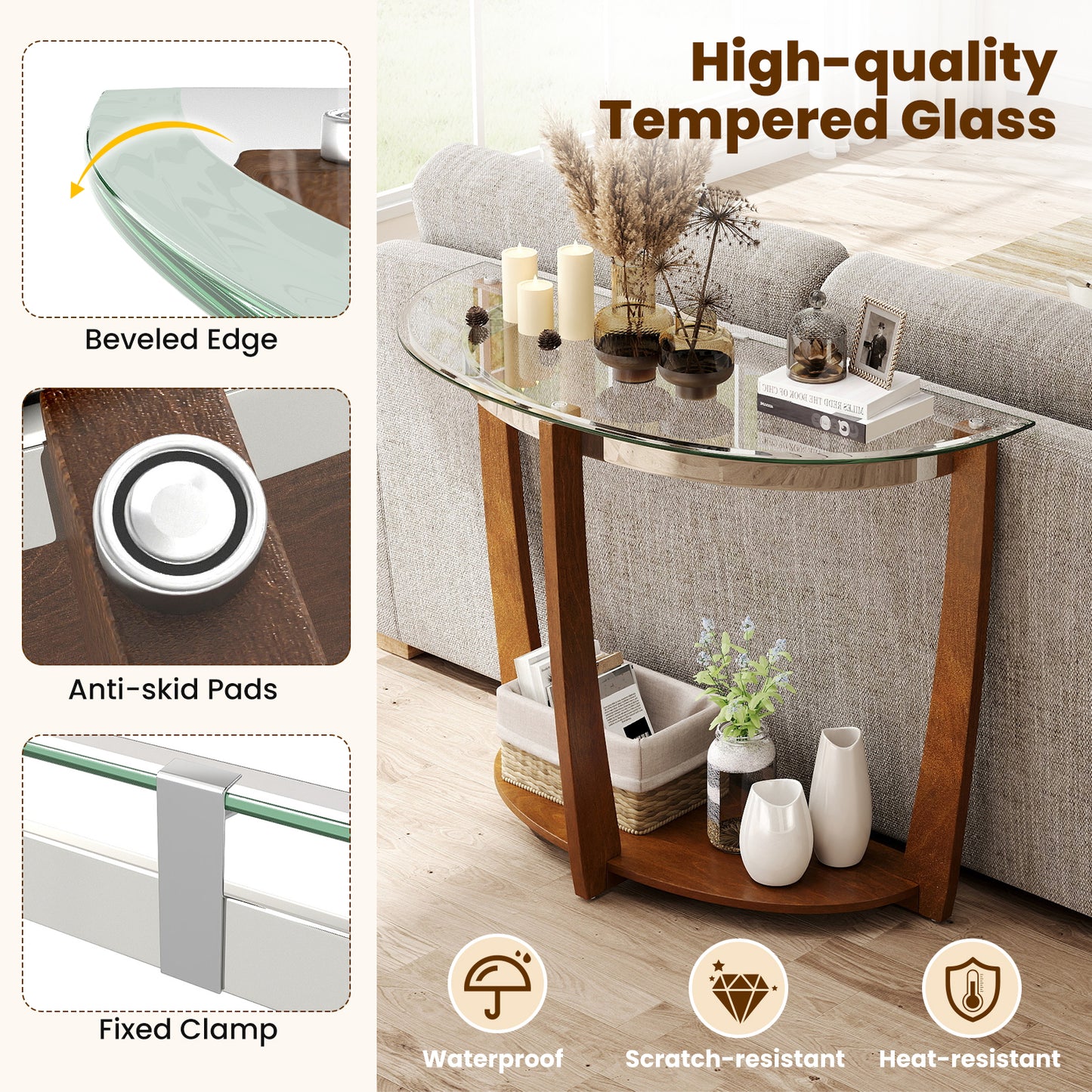2-tier Tempered Glass Console Table with Clear Glass Top and Open Shelf-Walnut