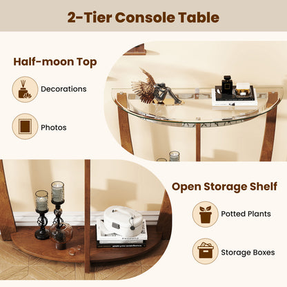 2-tier Tempered Glass Console Table with Clear Glass Top and Open Shelf-Walnut