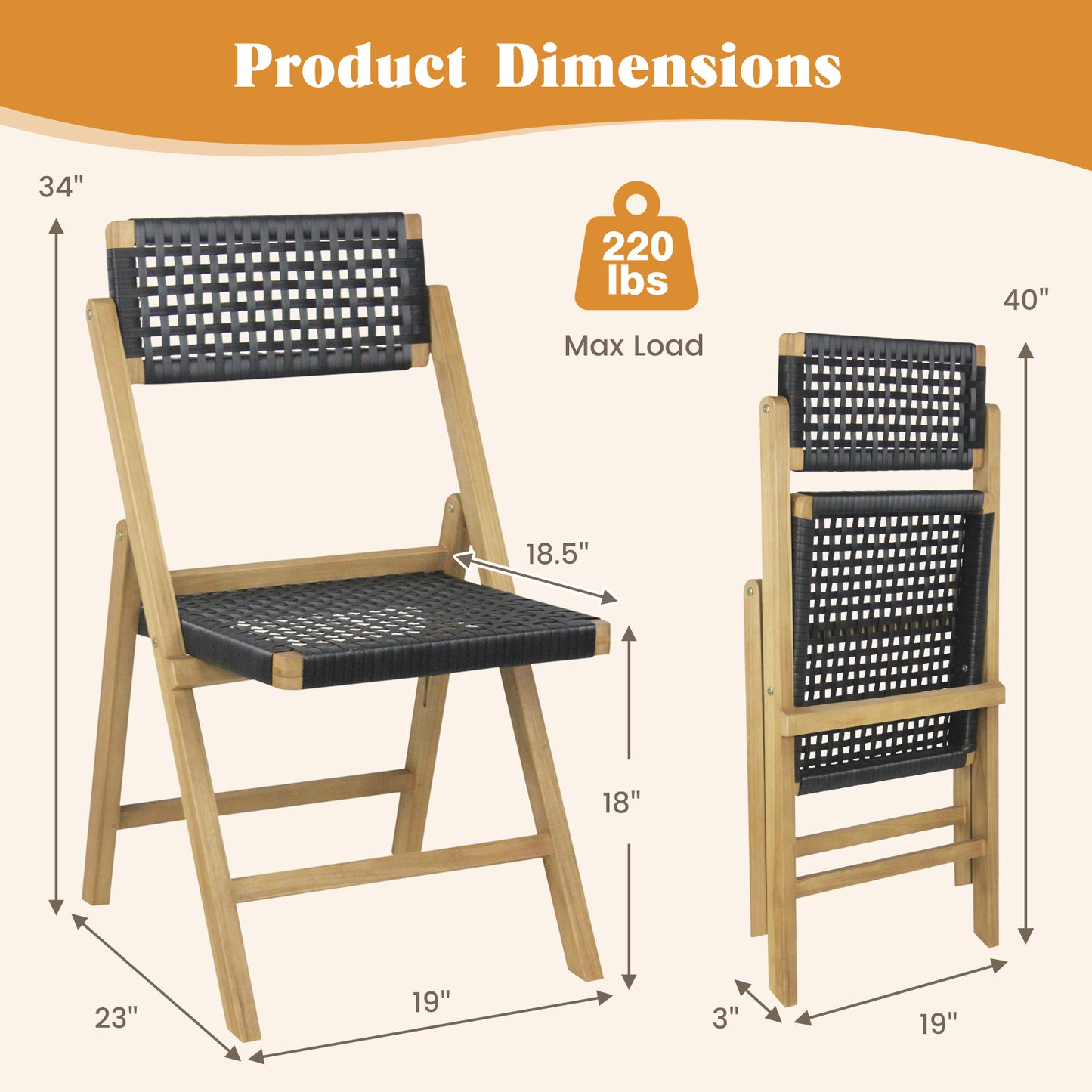 Set of 2 Folding Chairs Indonesia Teak Wood Dining Chairs with Woven Rope Seat and Back