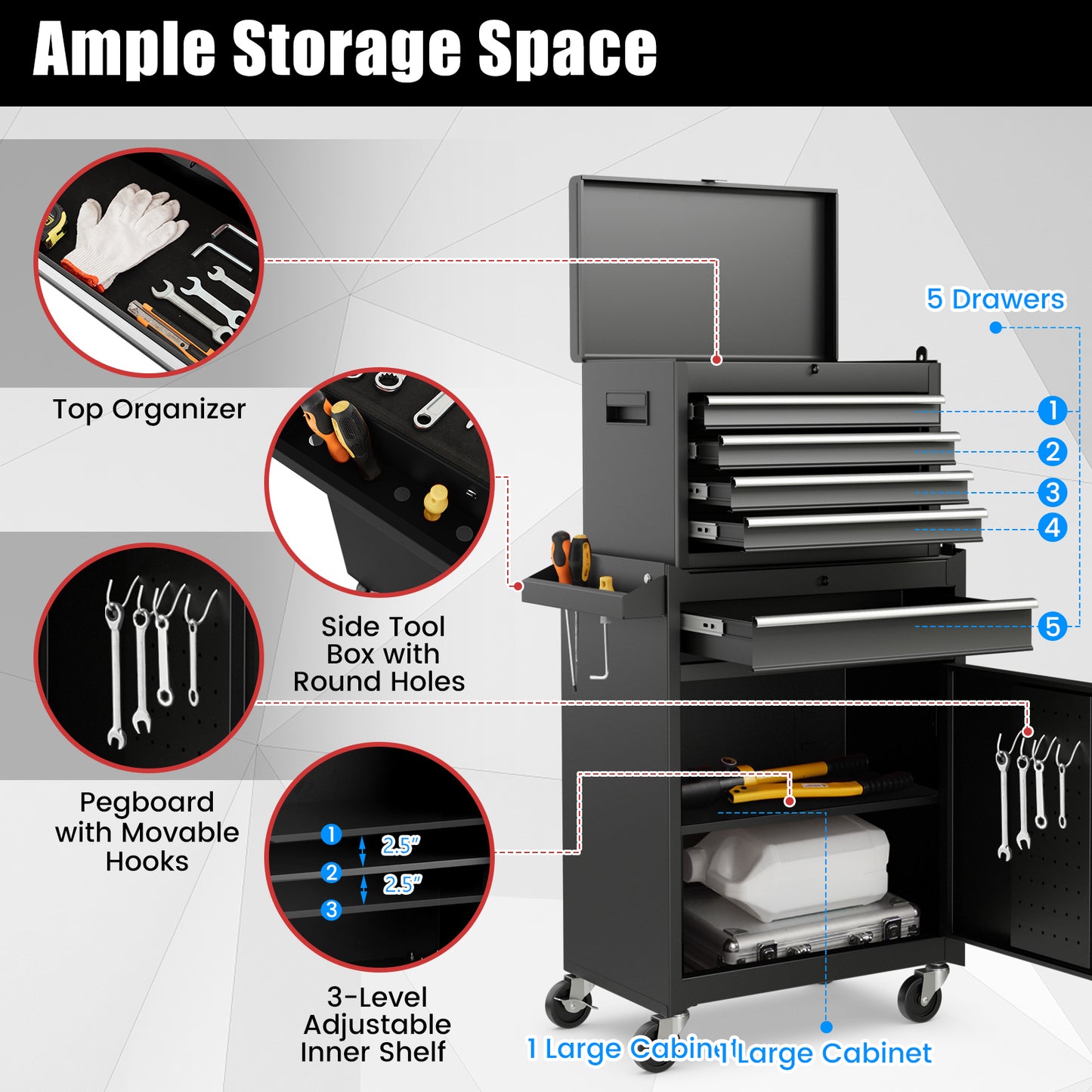 2-in-1 Tool Chest and Cabinet with 5 Sliding Drawers-Black