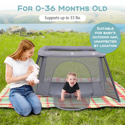 2-in-1 Portable Baby Playpen with Safety Enclosure and Padded Mattress-Dark Gray