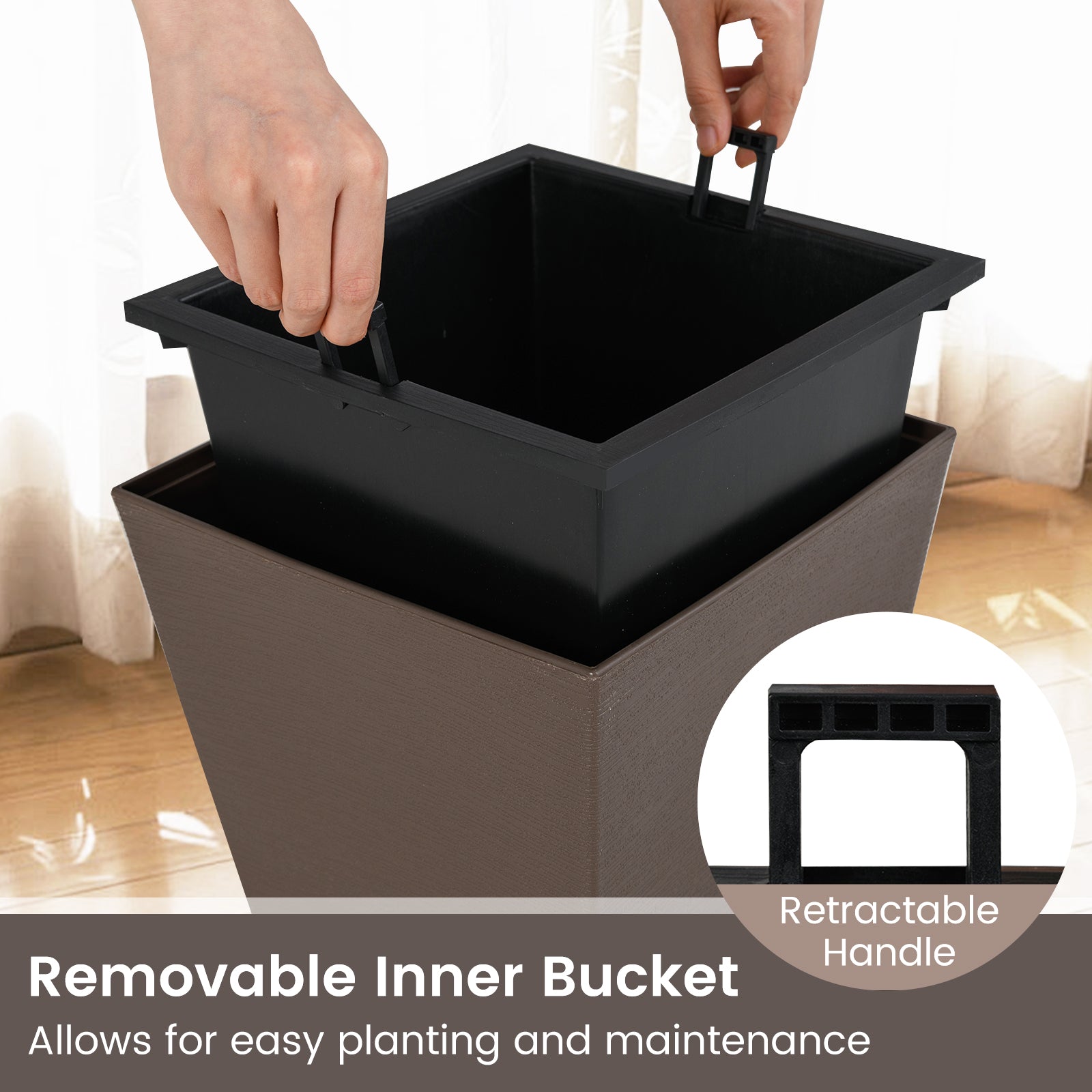 Set of 2 Square Taper Planter with Removable Inner Bucket and Optional Drainage Hole-S