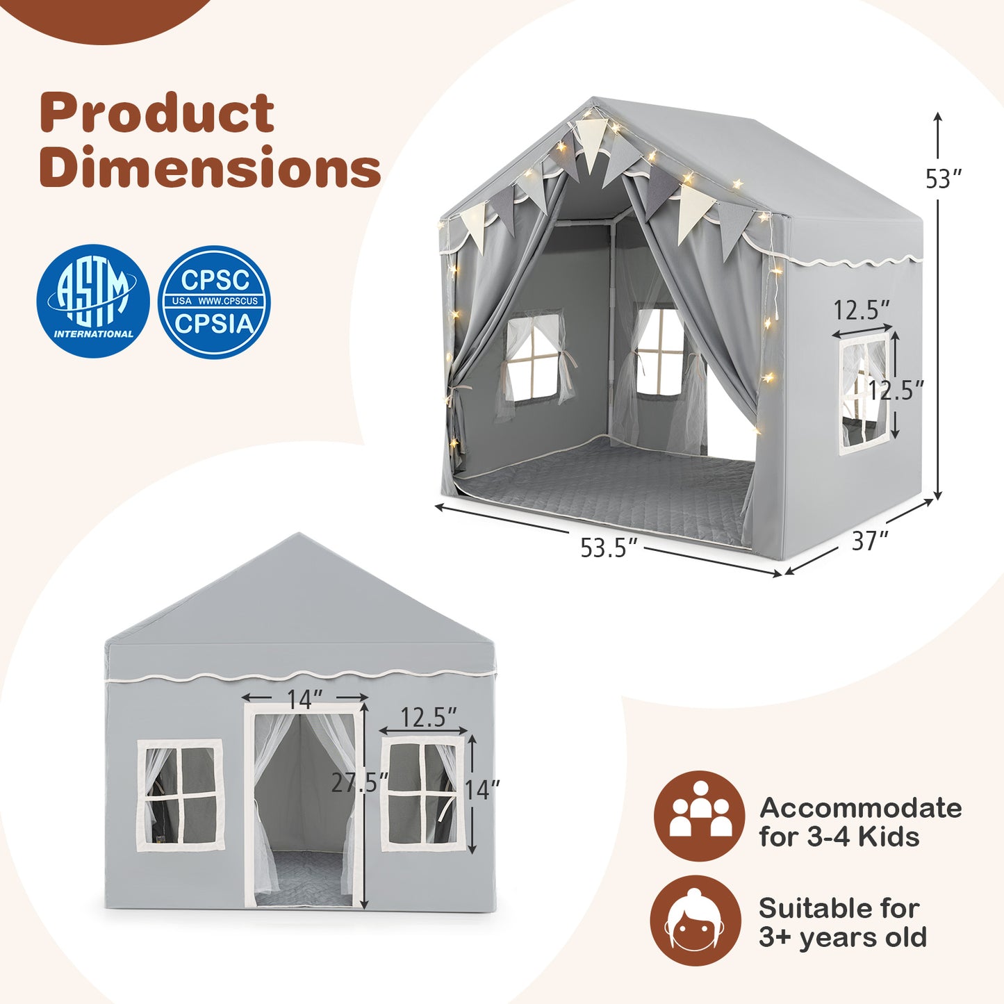3-4 Kids Large Play Tent House with 2 Opening Doors and Star Lights-Gray