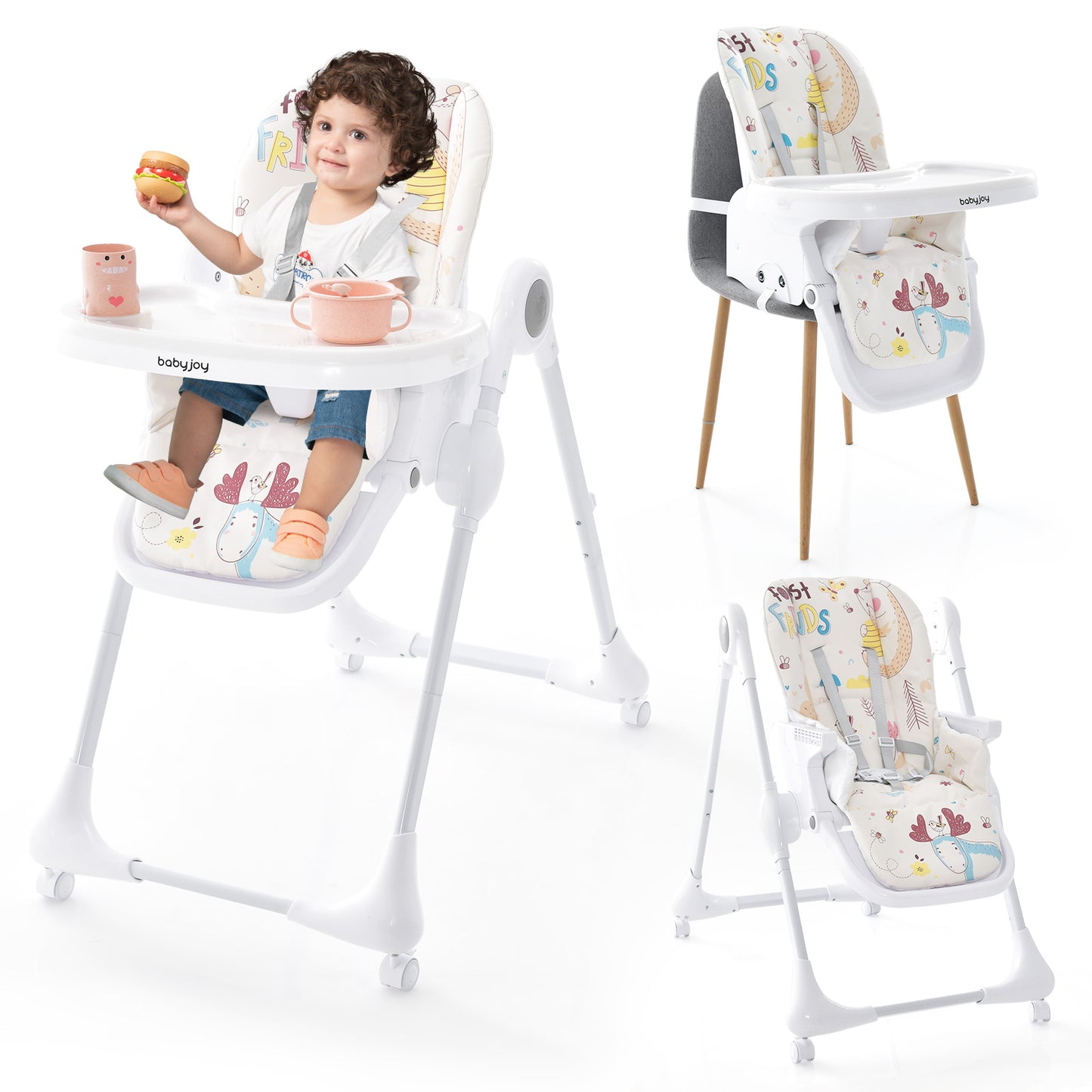 3-In-1 Convertible Highchair with Adjustable Height and 5-Point Safety Belt and Lockable Wheels-Beige