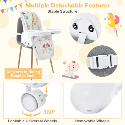 3-In-1 Convertible Highchair with Adjustable Height and 5-Point Safety Belt and Lockable Wheels-Beige