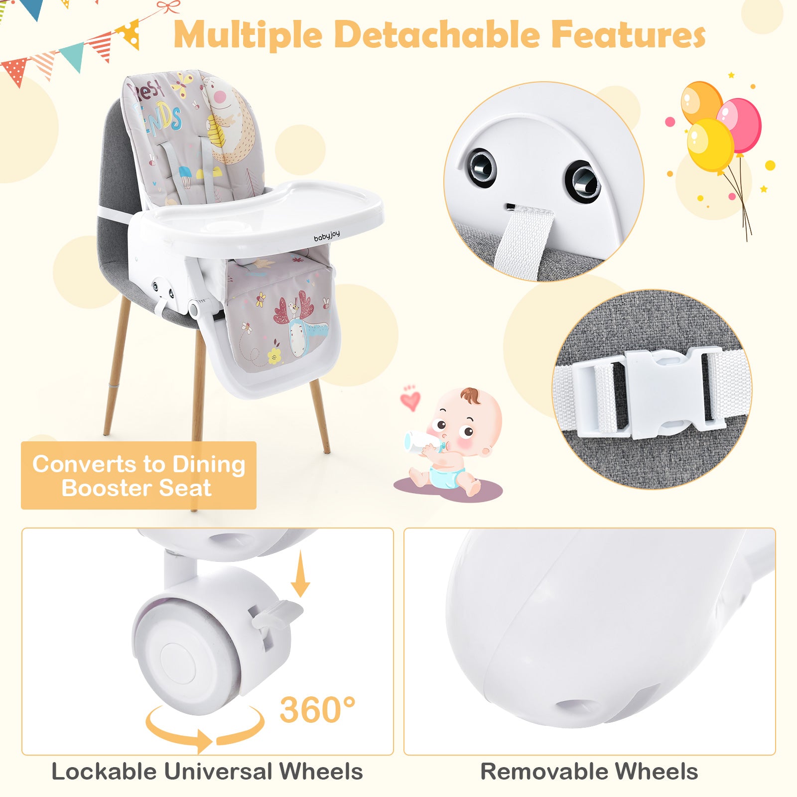 3-In-1 Convertible Highchair with Adjustable Height and 5-Point Safety Belt and Lockable Wheels-Gray