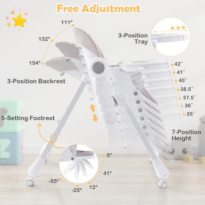 3-In-1 Convertible Highchair with Adjustable Height and 5-Point Safety Belt and Lockable Wheels-Gray