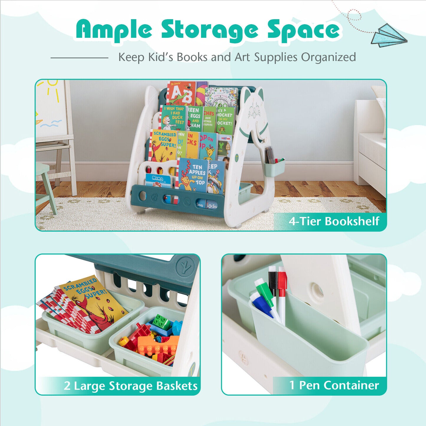 3-In-1 Double Sided Magnetic Dry-Erase Board with Stool and Flipped Writing Desktop-Green