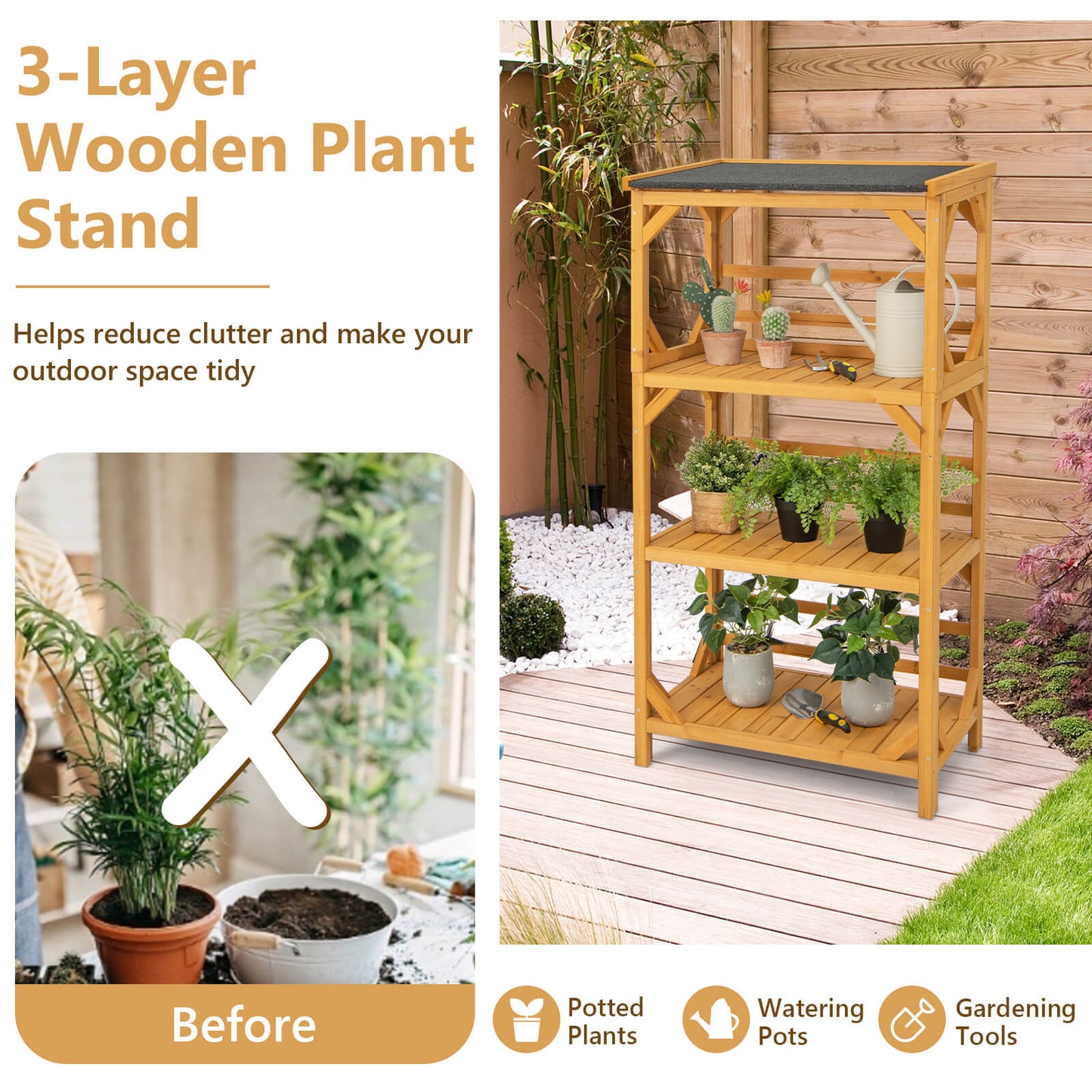 3-Tier Wooden Plant Stand with Weatherproof Asphalt Roof for Patio-Natural