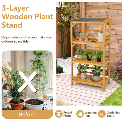 3-Tier Wooden Plant Stand with Weatherproof Asphalt Roof for Patio-Natural