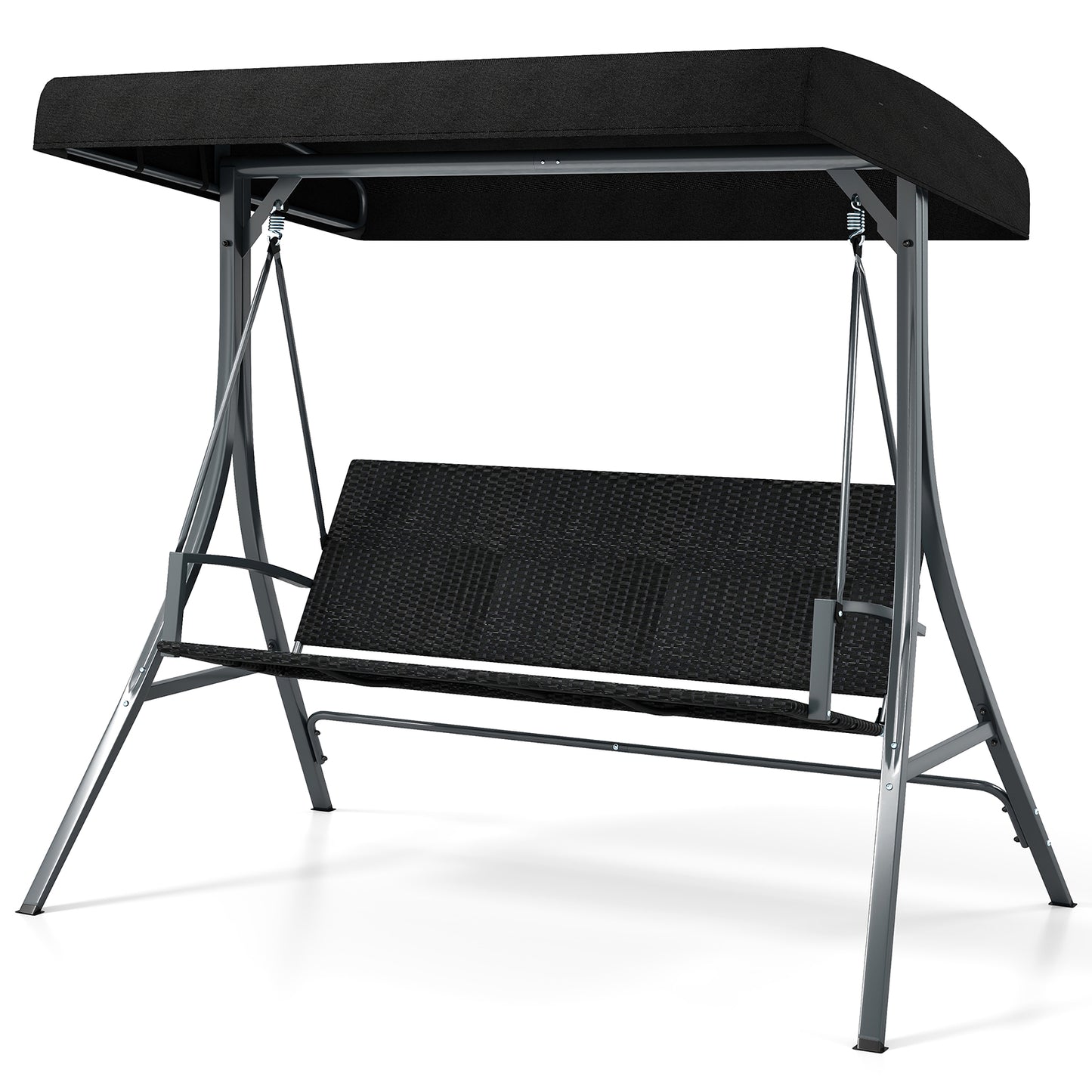 3-Person Porch Swing with Stand Outdoor Canopy Swing with Rattan Seat Back-Black