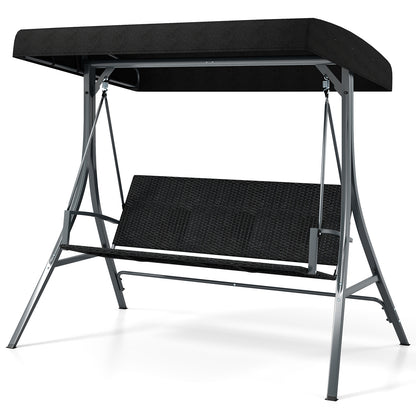 3-Person Porch Swing with Stand Outdoor Canopy Swing with Rattan Seat Back-Black