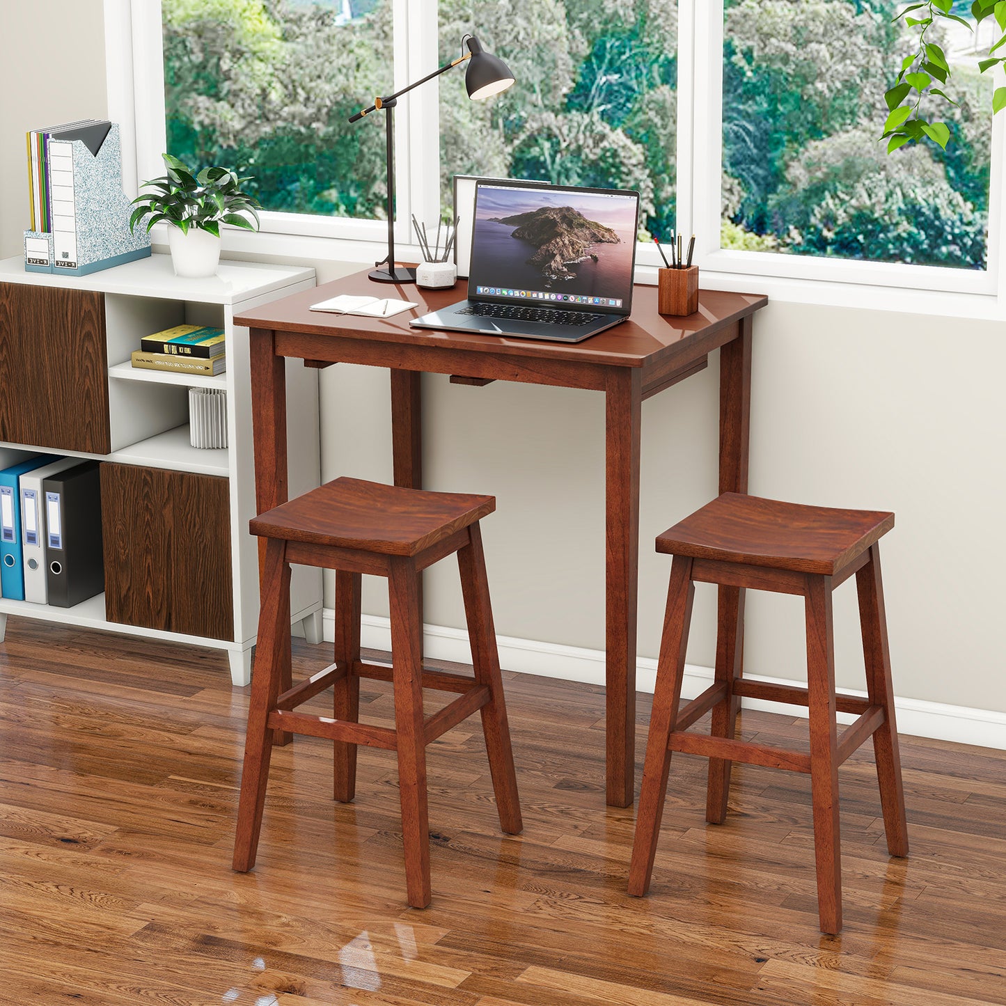 3-Piece Bar Table Set with Pub Table and 2 Saddle Stools