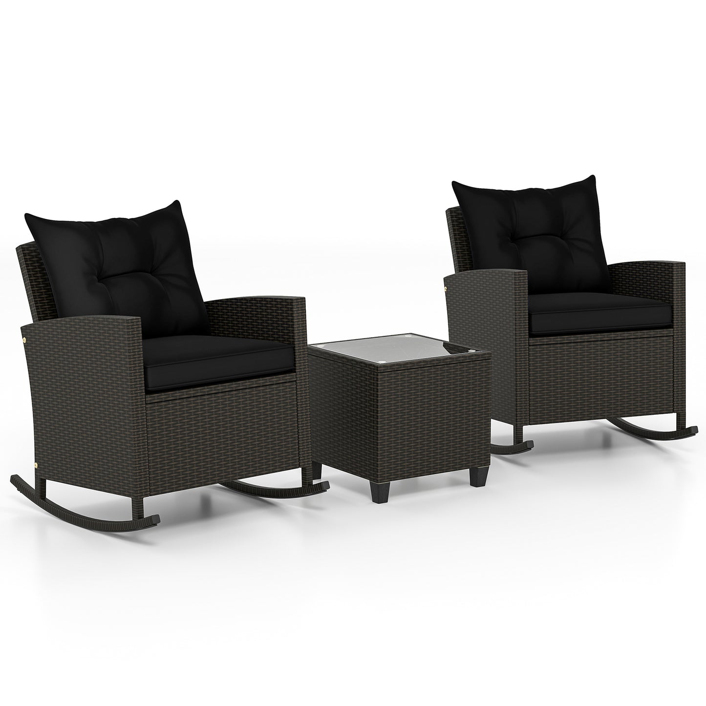 Patio Rattan Roker Chairs with Tempered Glass Table and Soft Cushions for Backyard Poolside Porch-Gray - Black
