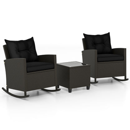 Patio Rattan Roker Chairs with Tempered Glass Table and Soft Cushions for Backyard Poolside Porch-Gray - Black