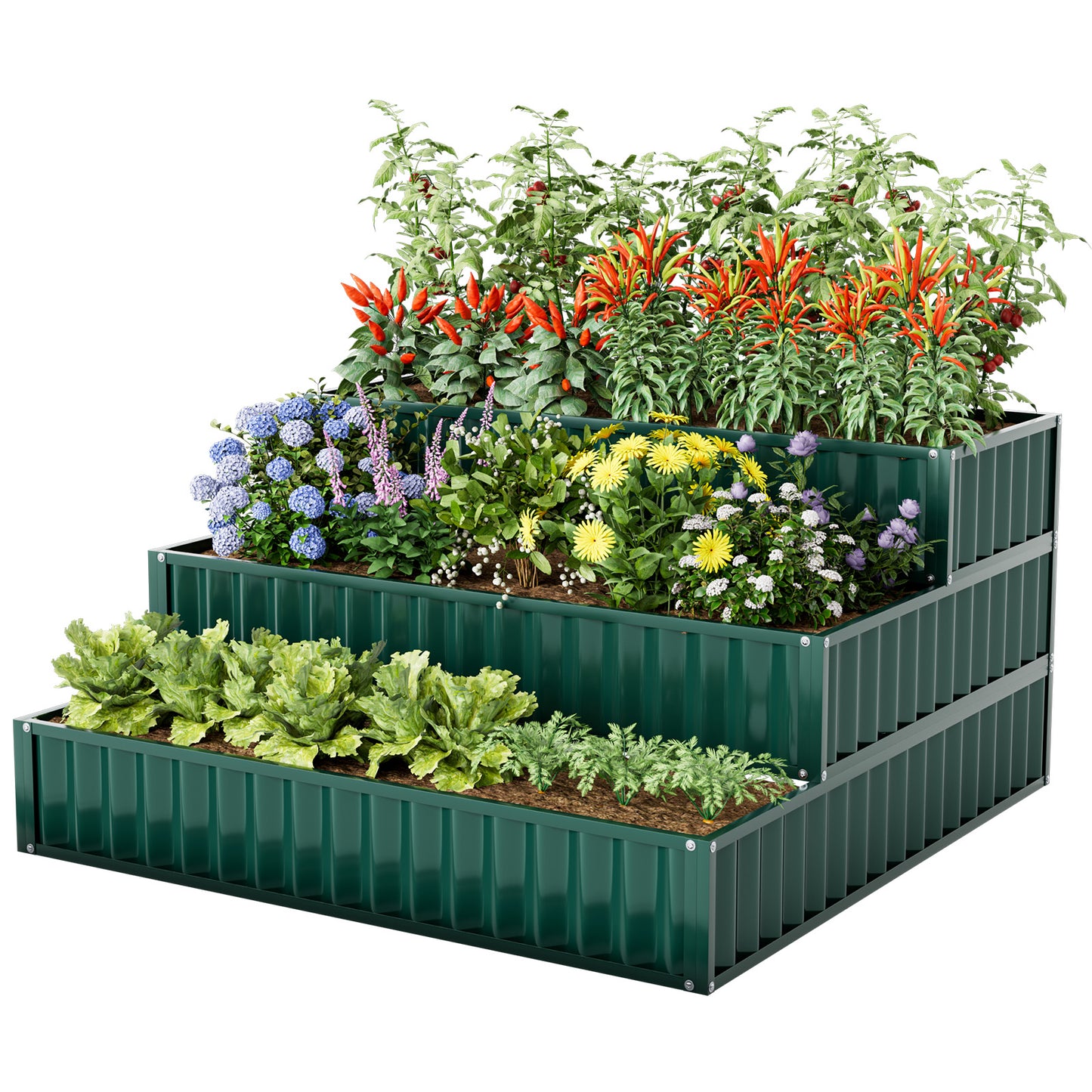 Heavy-Duty Metal Outdoor 3-Tier Raised Garden Bed Planter Box-Black - Green
