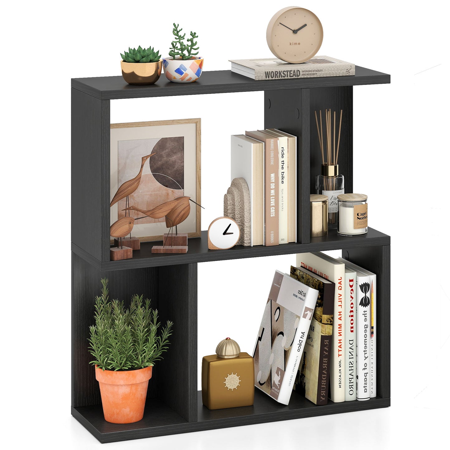 3-Tier Bookshelf with Display Shelf for Small Space-White - Black