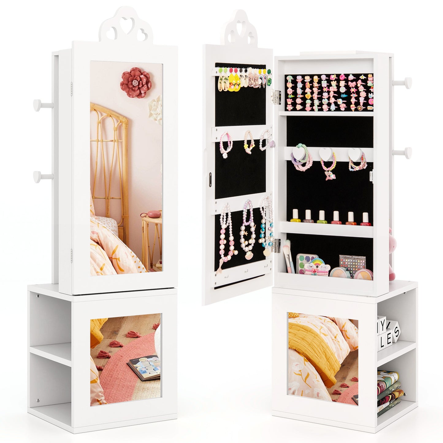 3-in-1 Freestanding Kids Jewelry Cabinet Armoire with Full Length Mirror-Pink - White