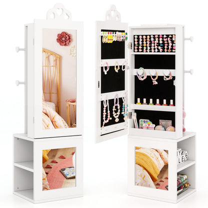 3-in-1 Freestanding Kids Jewelry Cabinet Armoire with Full Length Mirror-Pink - White