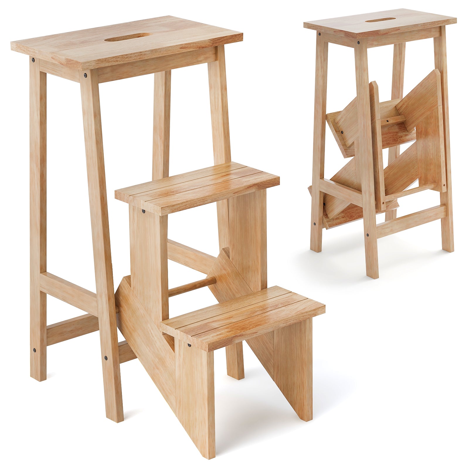3-in-1 Rubber Wood 3 Tier Folding Step Stool Ladder Storage Shelf-Natural - Natural