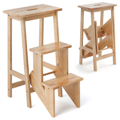 3-in-1 Rubber Wood 3 Tier Folding Step Stool Ladder Storage Shelf-Natural - Natural