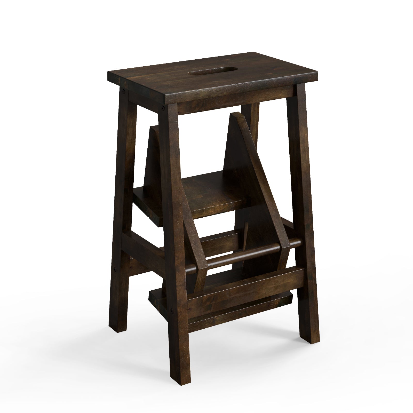 3-in-1 Rubber Wood Step Stool with Convenient Handle-Brown - Brown