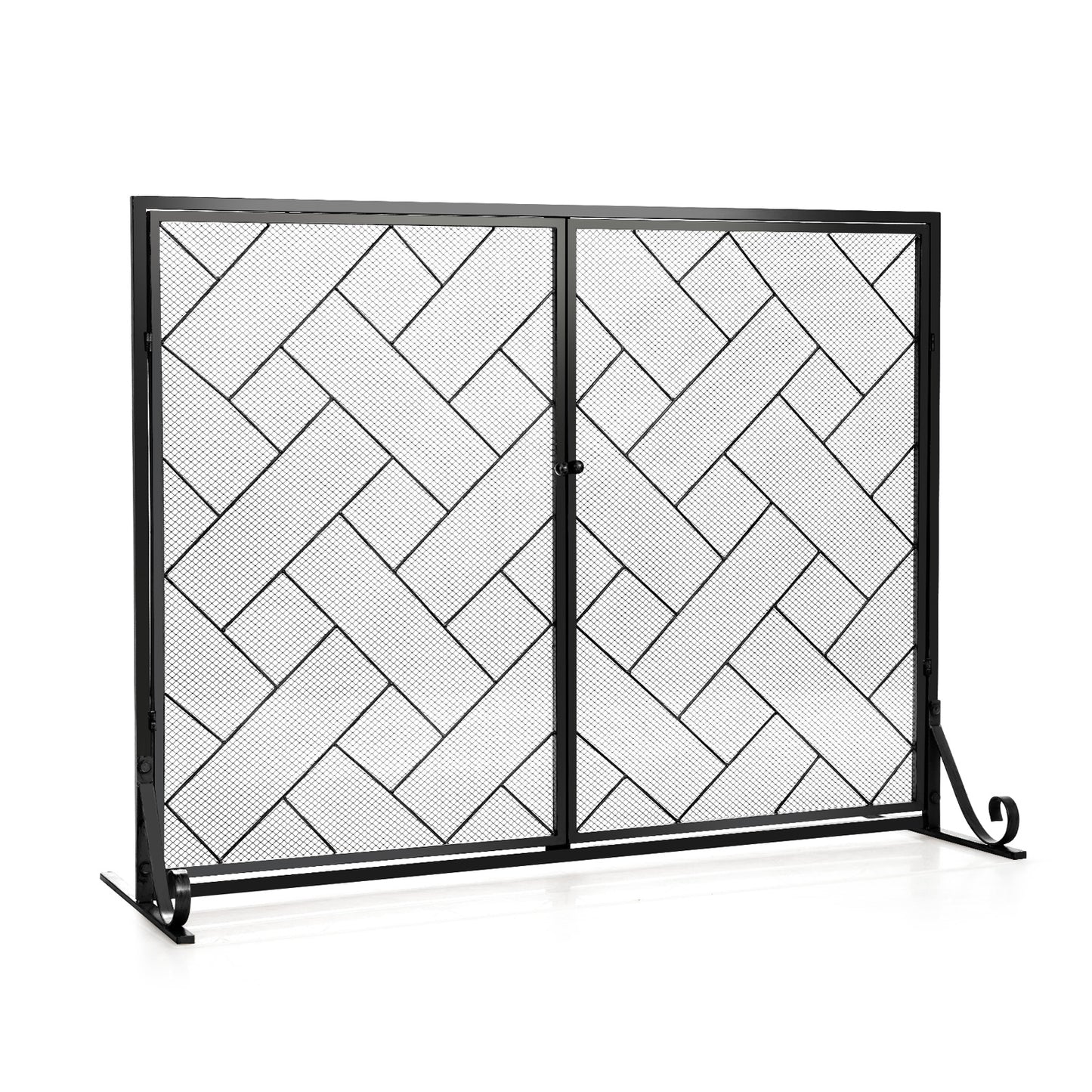 2-Panel Fireplace Screen Folding Metal Fire Place Safety Fence with Magnetic Doors-Black