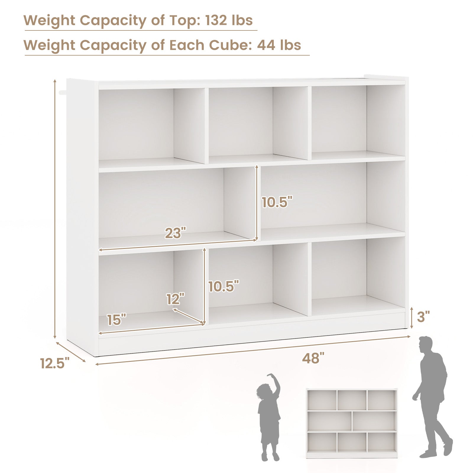 3-Tier Open Bookcase 8-Cube Floor Standing Storage Shelves-Blue - White