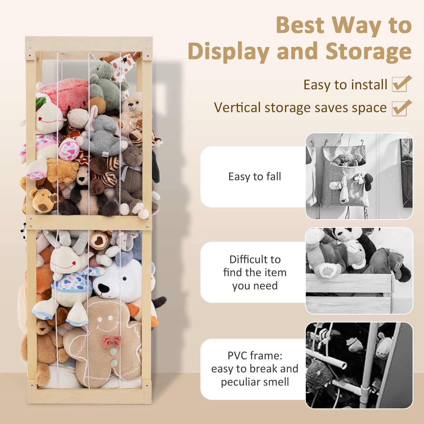 300L Large Stuffed Animal Storage with Open Top and Elastic Cords