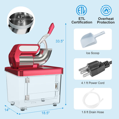 300W Commercial Ice Crusher with Dual Blades and Safety Switch-Red - Red