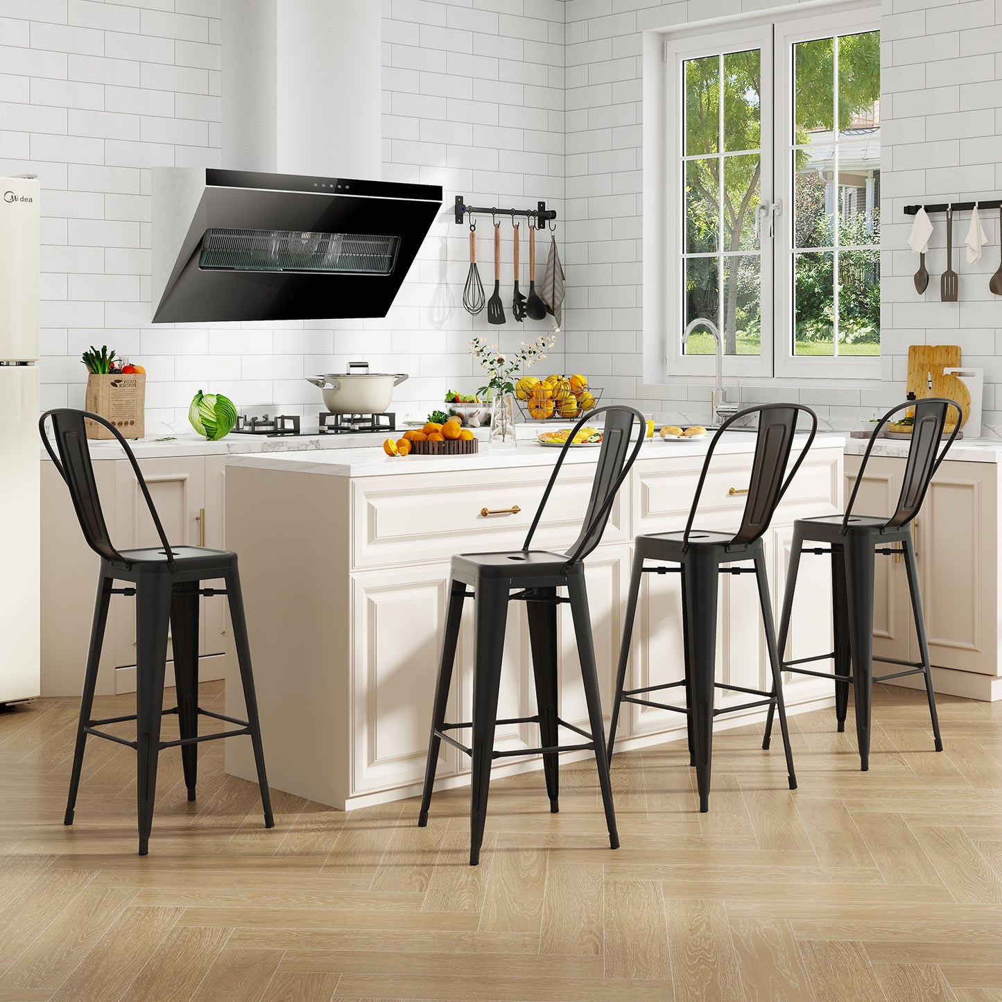 Set of 4 Bar Height Chairs Stackable Metal Bar Stools with Removable Backrest