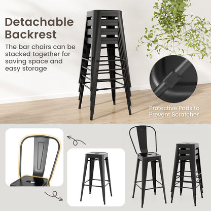 Set of 4 Bar Height Chairs Stackable Metal Bar Stools with Removable Backrest