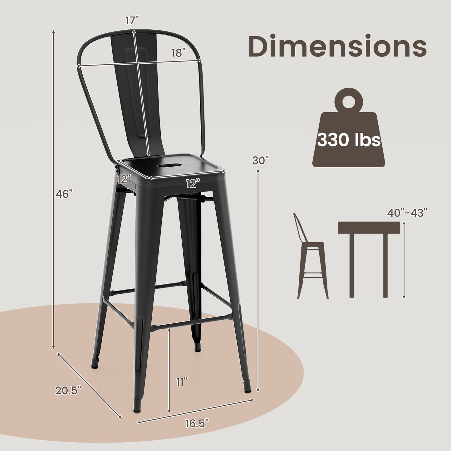 Set of 4 Bar Height Chairs Stackable Metal Bar Stools with Removable Backrest
